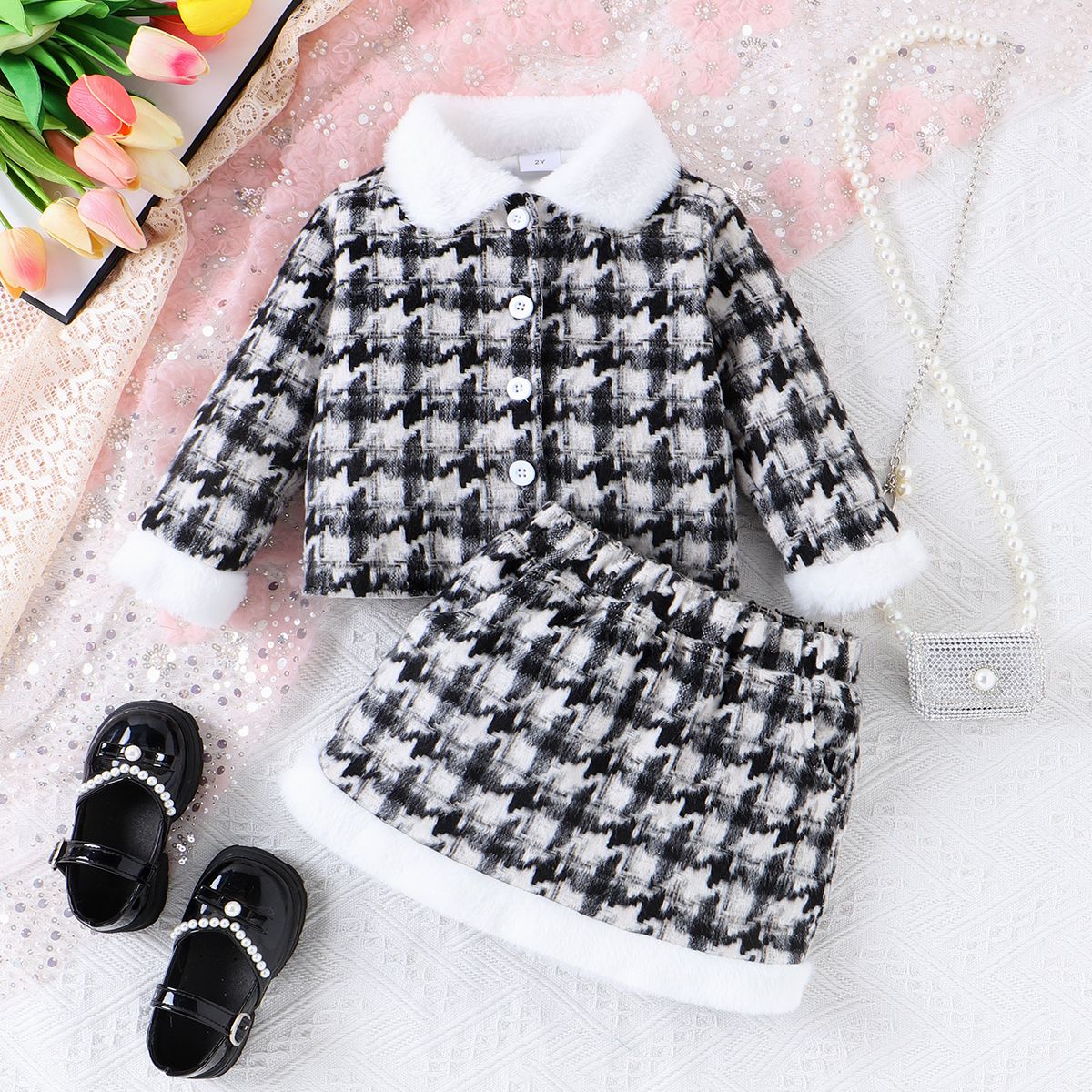 

2PCS Toddler Girl Classic Houndstooth Lapel Design Coat/Skirt