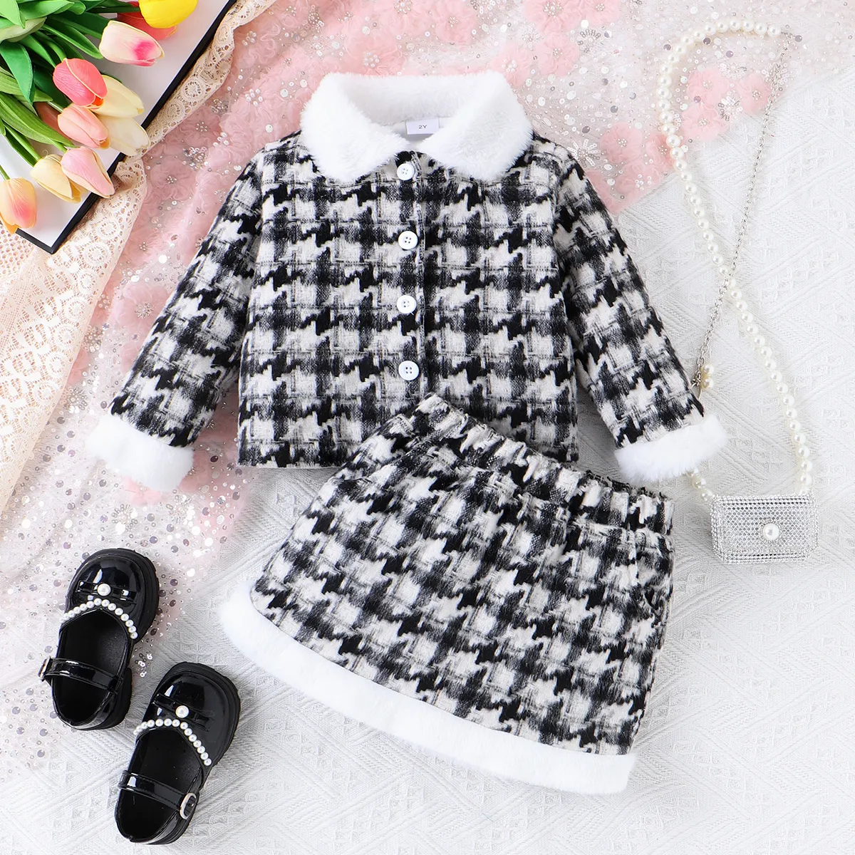 2PCS Toddler Girl Classic Houndstooth Lapel Design  Coat/Skirt
