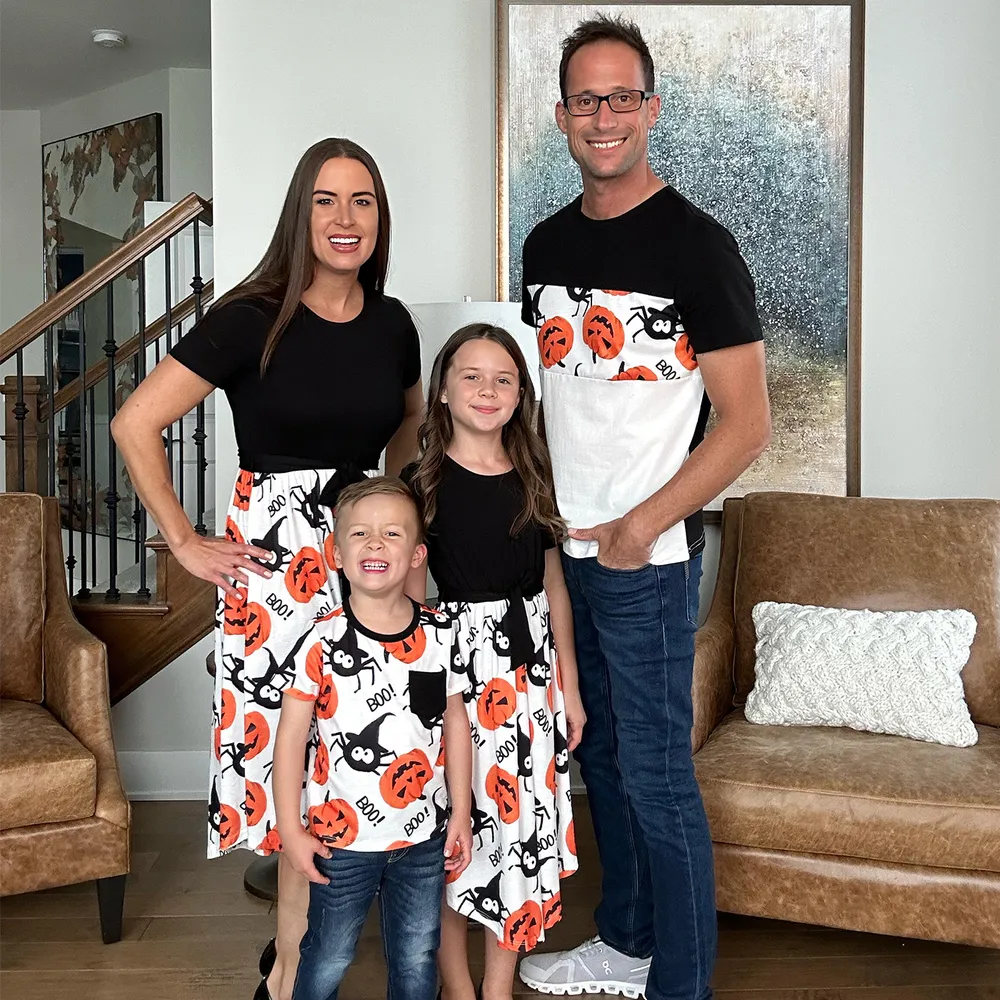 Halloween Family Matching Pumpkin Print Dresses and Short Sleeve Colorblock Tops Sets  big image 3