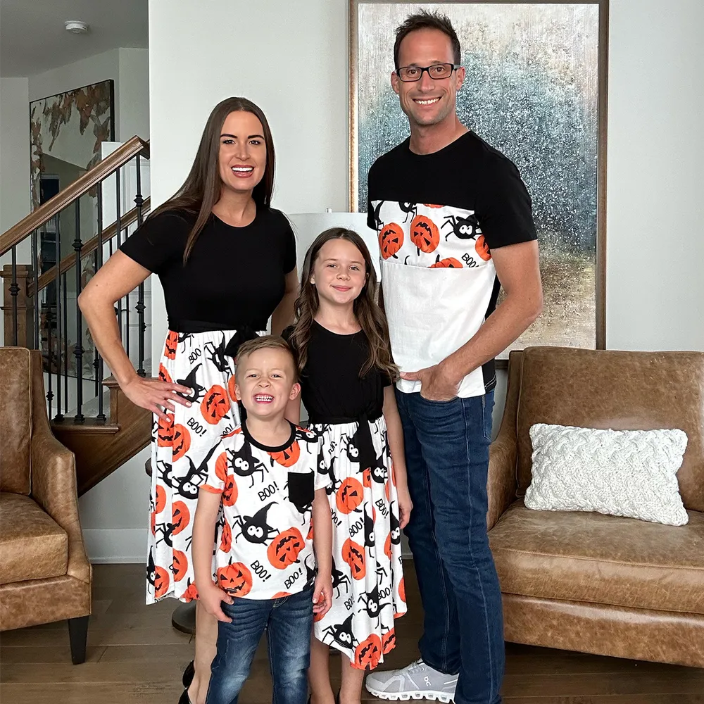 Halloween Family Matching Pumpkin Print Dresses and Short Sleeve Colorblock Tops Sets big image 3