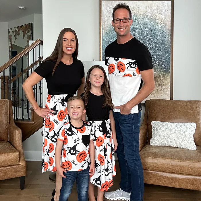 Halloween Family Matching Pumpkin Print Dresses and Short Sleeve Colorblock Tops Sets