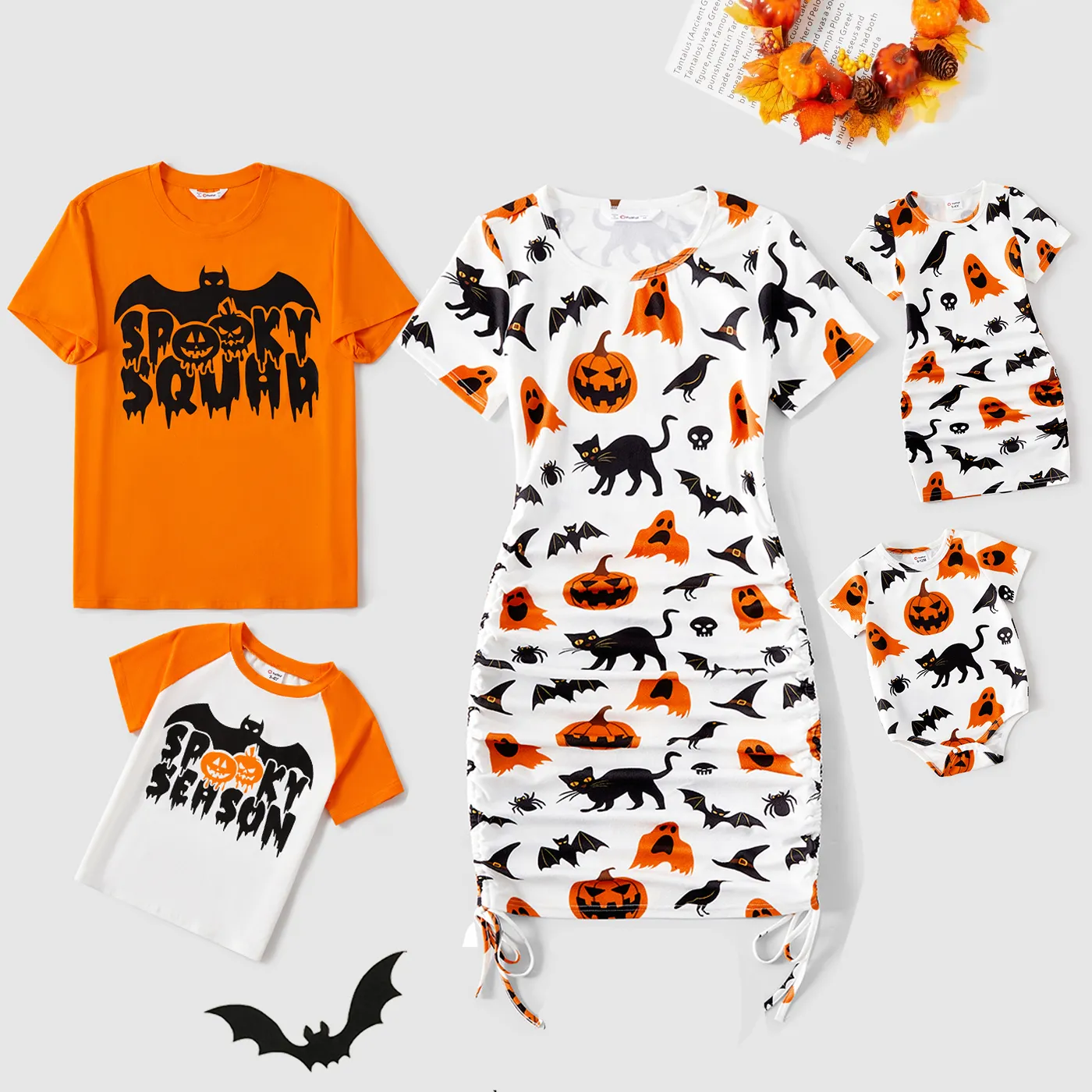 Halloween Family Matching 95% Cotton Short-sleeve Graphic T-shirts Allover Print Drawstring Ruched Bodycon Dresses Sets