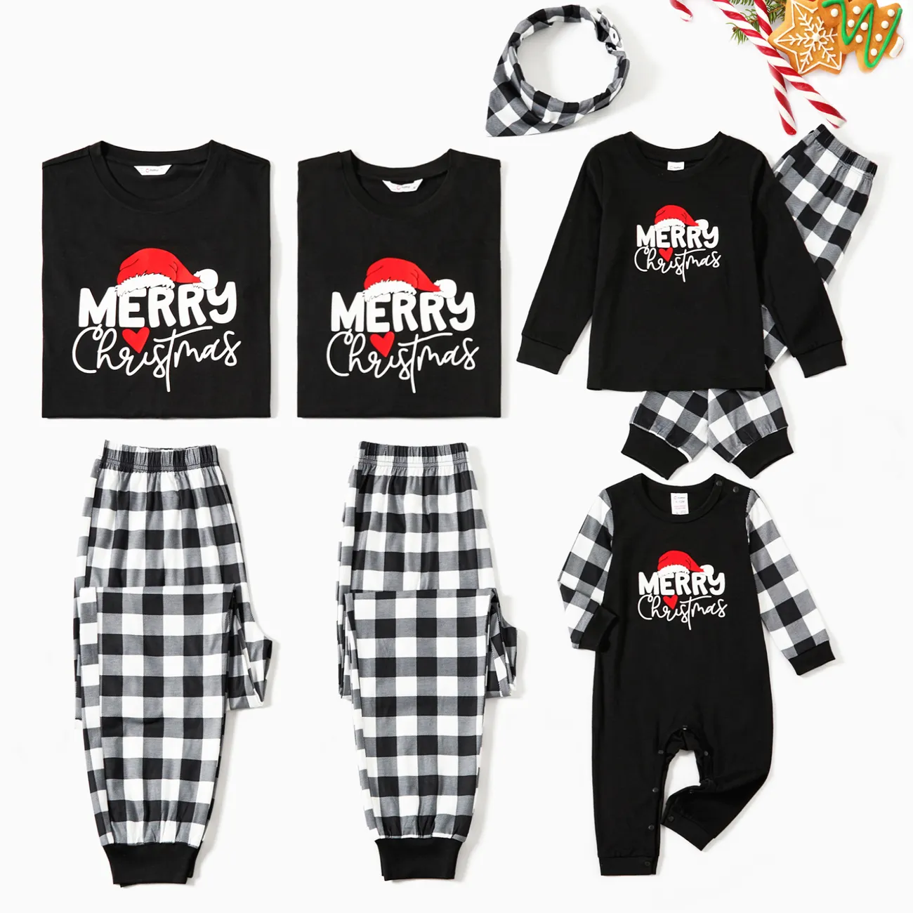Noël Look Familial Manches longues Tenues de famille assorties Pyjamas (Flame Resistant) Noir/ Blanc big image 1