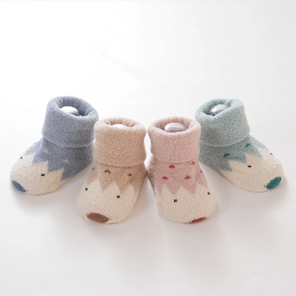 Baby Childlike Soft coral fleece dotted thermal socks,Cute shape of cartoon hedgehog group Pink image 4