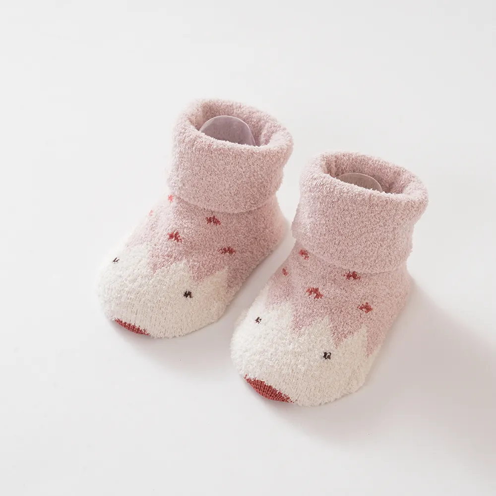 Baby Childlike Soft coral fleece dotted thermal socks,Cute shape of cartoon hedgehog group Pink big image 1