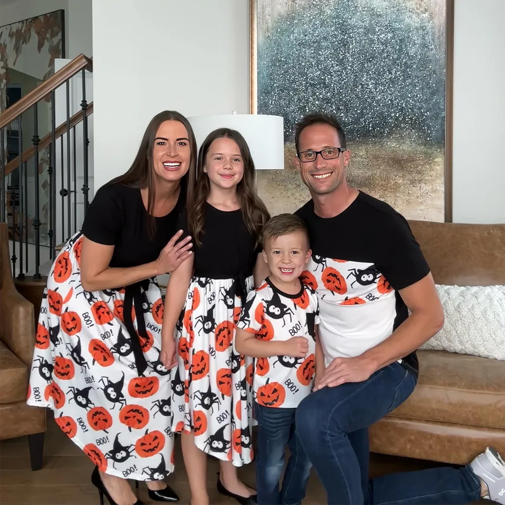 Halloween Family Matching Pumpkin Print Dresses and Short Sleeve Colorblock Tops Sets big image 4