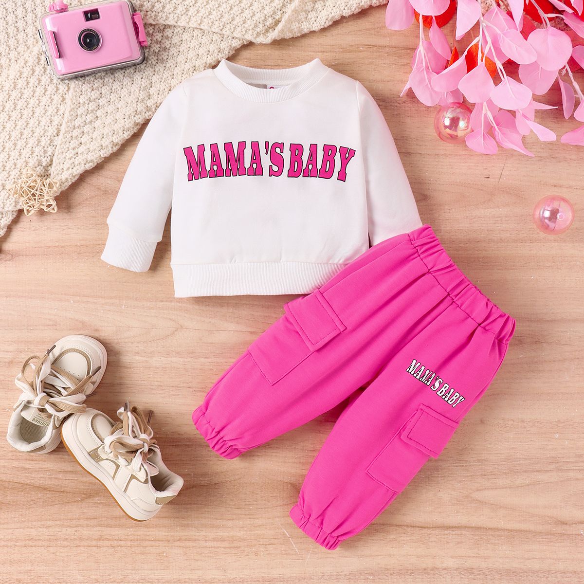 2PCS Baby Girl Casual Letter Pattern Top / Featuring Patch Pocket Pant