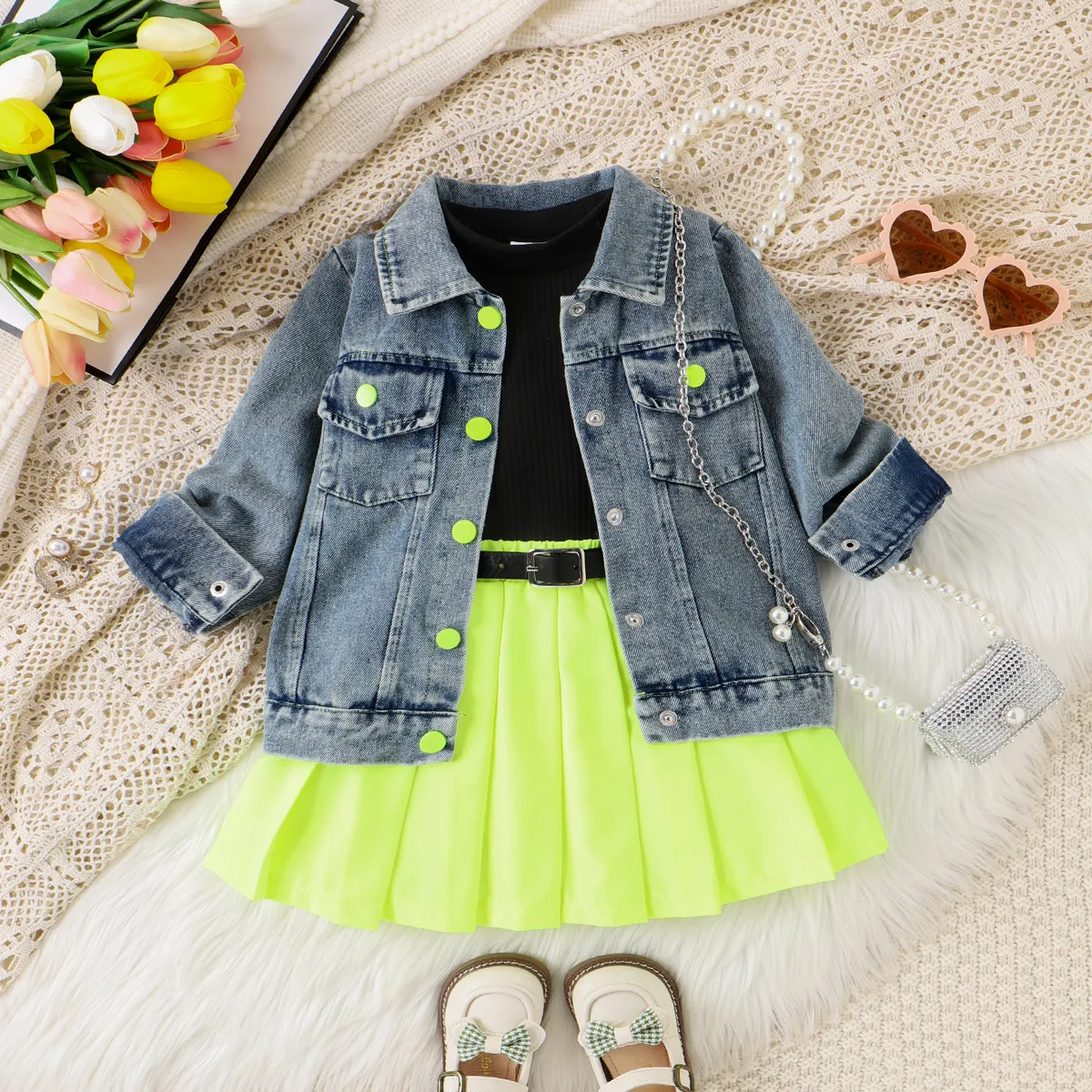 4PCS Toddler Girl Solid Color Avant-garde Lapel Jacket/Vest/ Skirt/Belt Set Color block big image 1