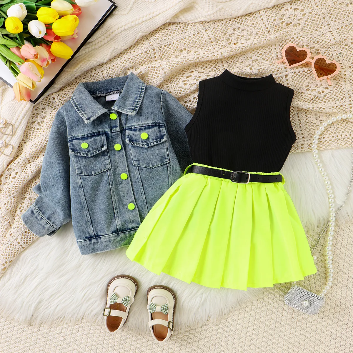 4PCS Toddler Girl  Solid Color Avant-garde Lapel Jacket/Vest/ Skirt/Belt Set Color block image 2