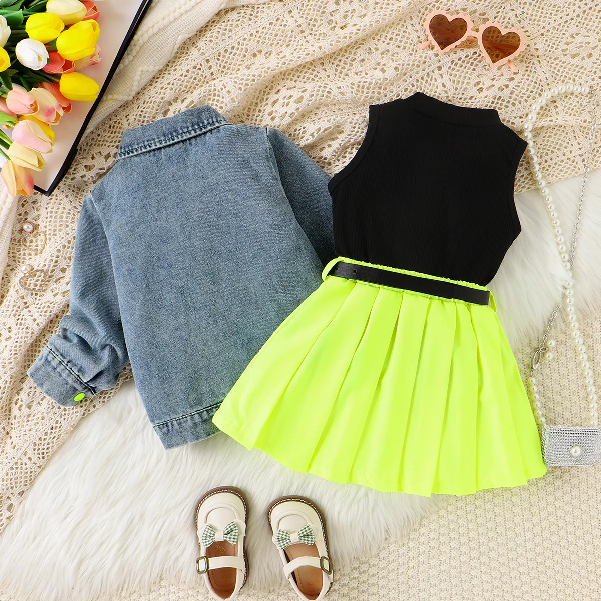 4PCS Toddler Girl  Solid Color Avant-garde Lapel Jacket/Vest/ Skirt/Belt Set Color block image 3