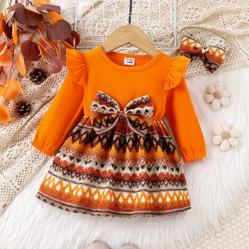 2pcs Baby Girls Sweet Ethnic Ruffled Bowknot design Dress