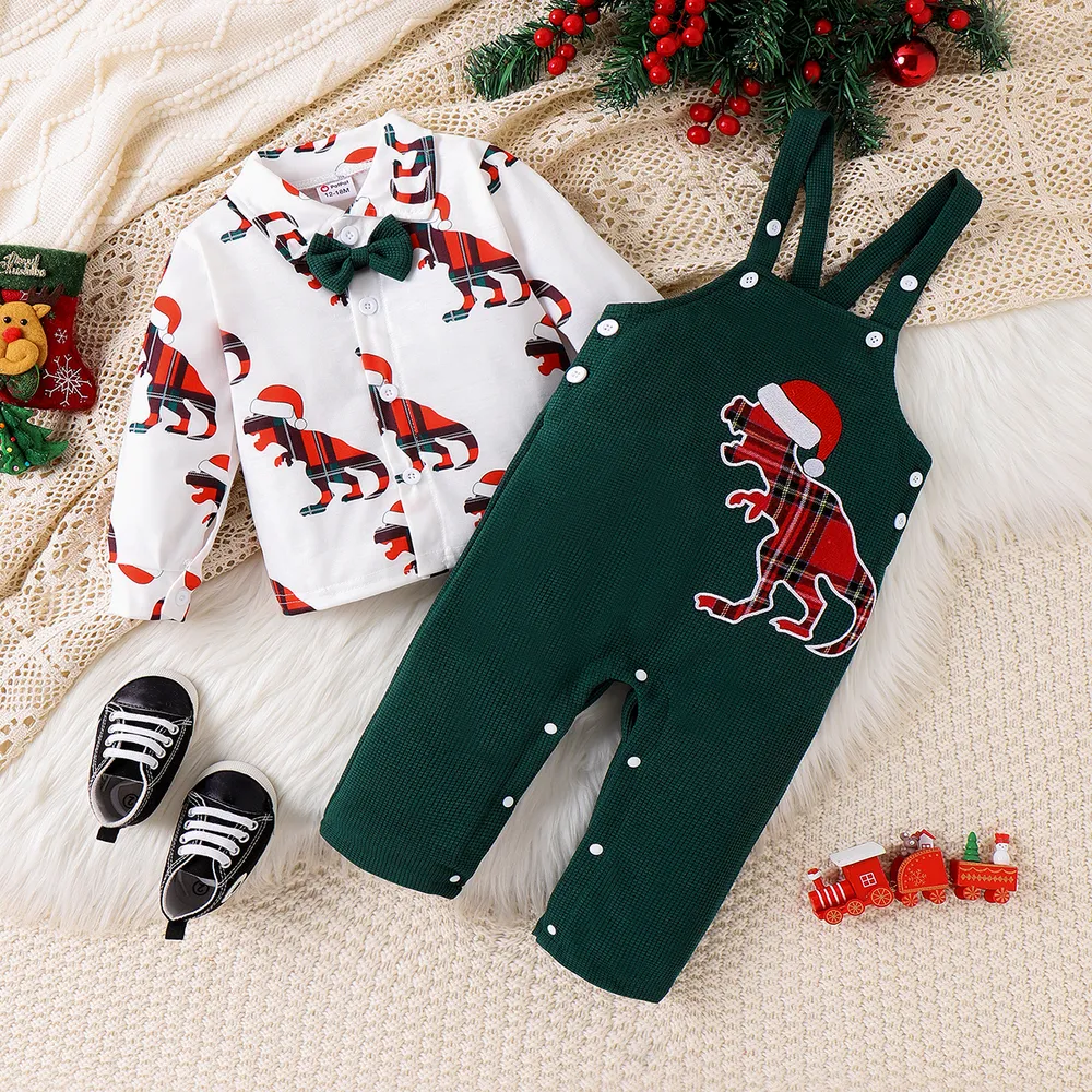 2PCS Baby Boy Christmas Childlike Animal Dinosaur Pattern Top/Overalls big image 2