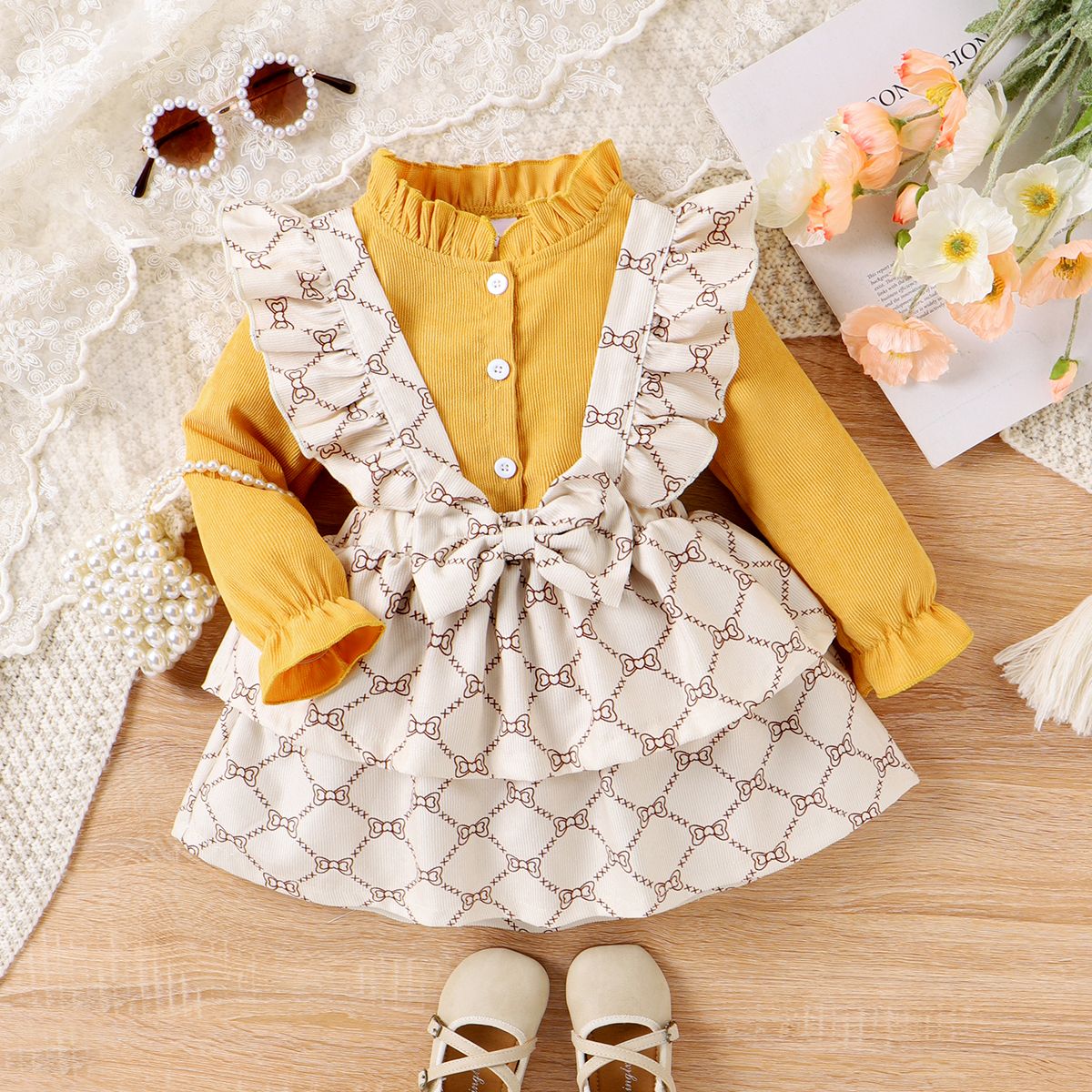 2PCS Toddler Girl Sweet Ruffle Edge Top/Bow Print Dress Set