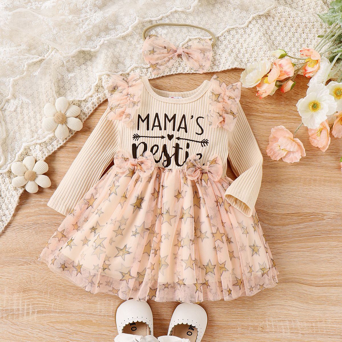 

2PCS Baby Girl Fabric Stitching Sweet Stars Long Sleeve Dress