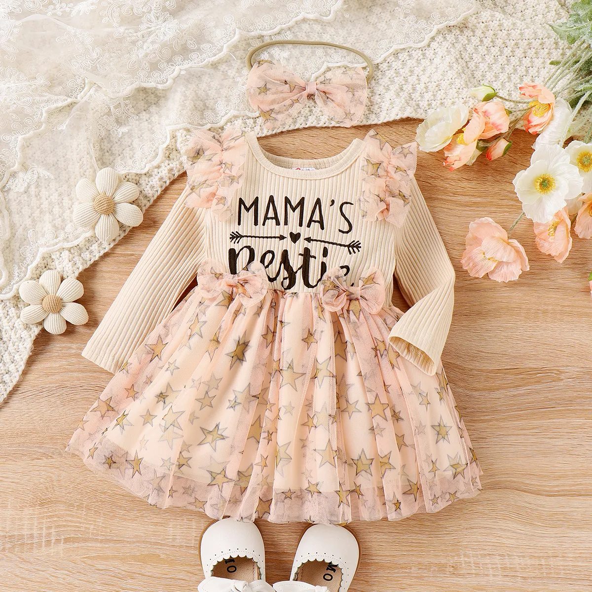  2PCS Baby Girl Fabric Stitching Sweet Stars Long Sleeve Dress