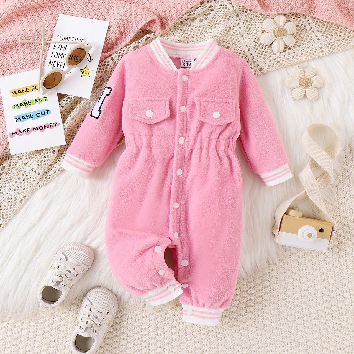 Baby Girl Solid Casual Letter Pattern Polar Fleece Long Sleeve Jumpsuit