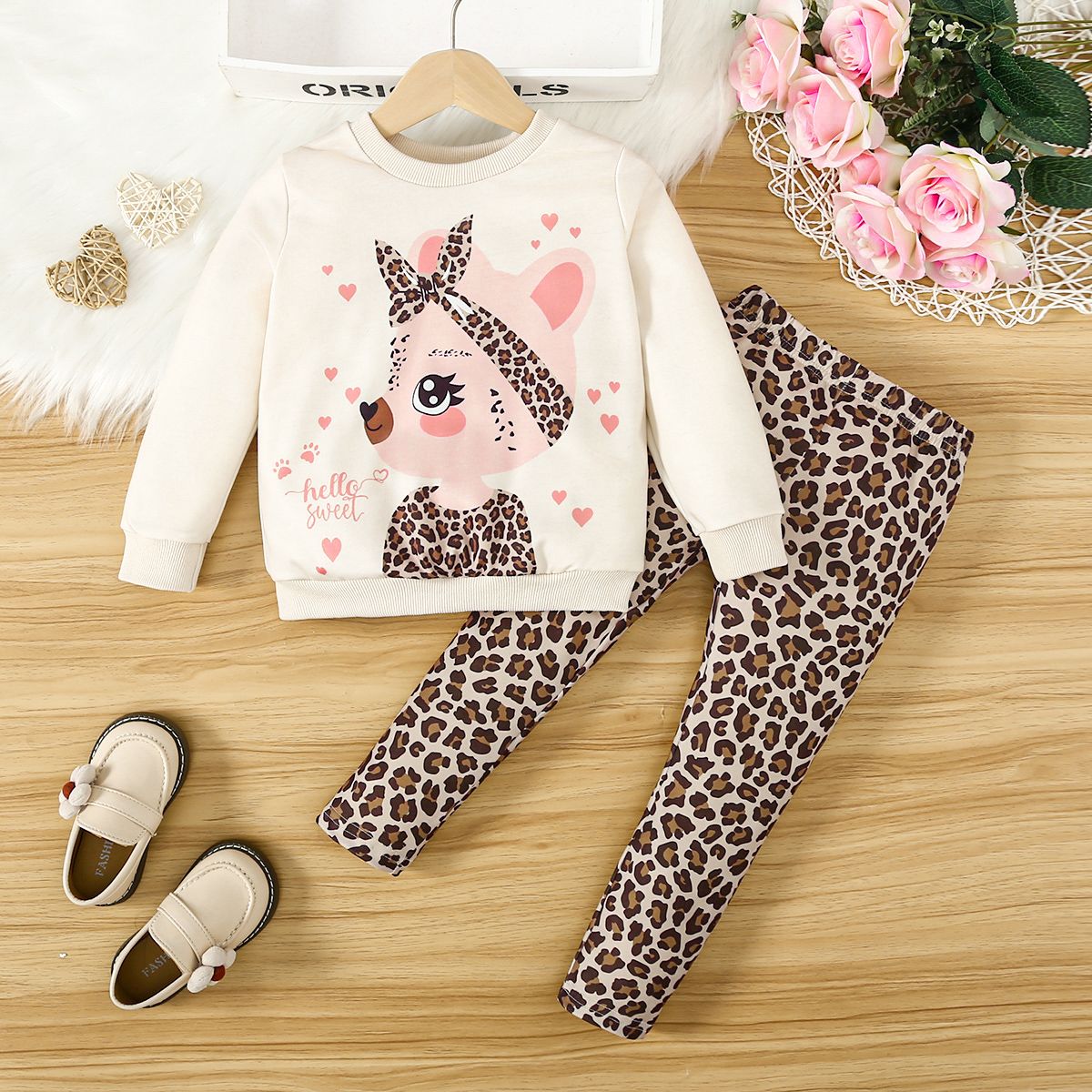 2PCS Toddler Girl Childlike Animal Pattern Leopard Grain Top/ Pant Set