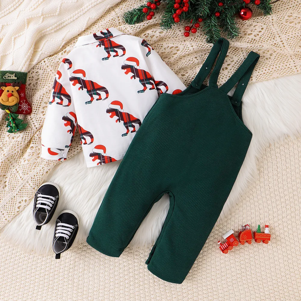 2PCS Baby Boy Christmas Childlike Animal Dinosaur Pattern Top/Overalls big image 3