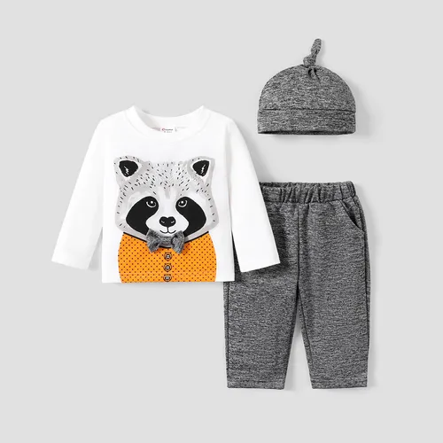  3PCS Baby Boy Childlike Animal Pattern Long Sleeve Tee/ Pant/ Hat Set 