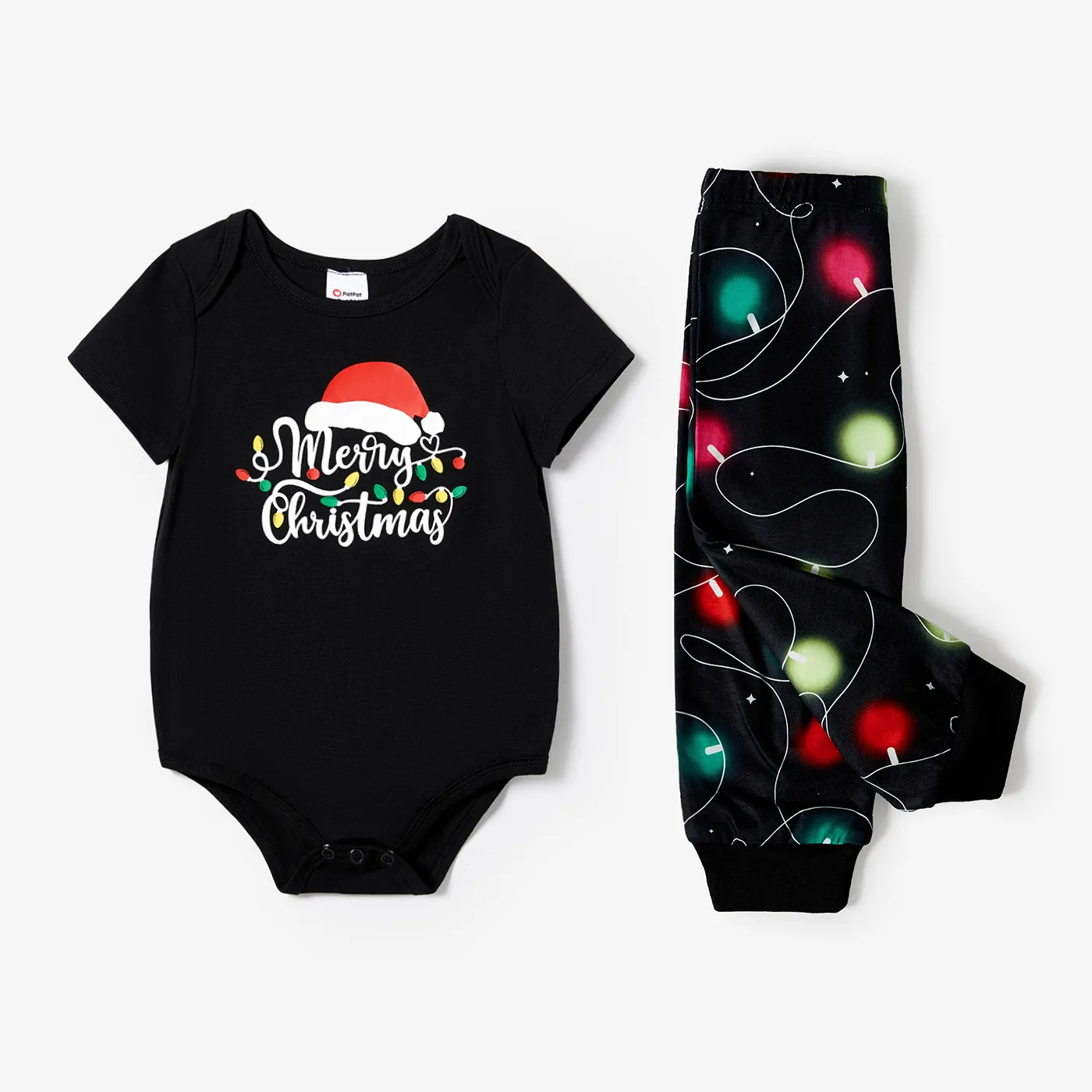 Christmas Family Matching Letter &Festive light bulb Print Short-sleeve Pajamas Sets(Flame resistant) Black big image 1