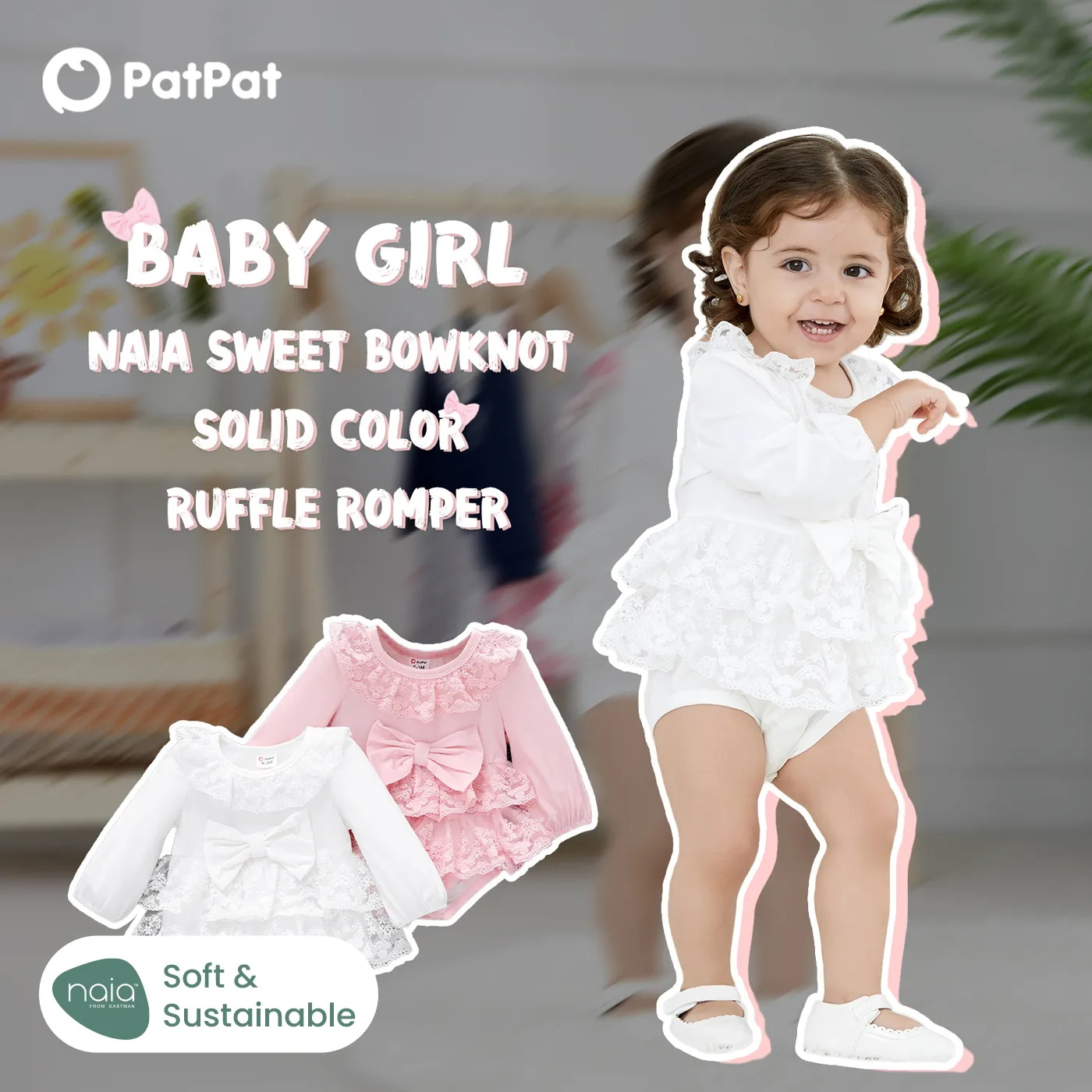 Baby Girl Naia Sweet Bowknot Solid Color Ruffle Edge Romper Pink image 2