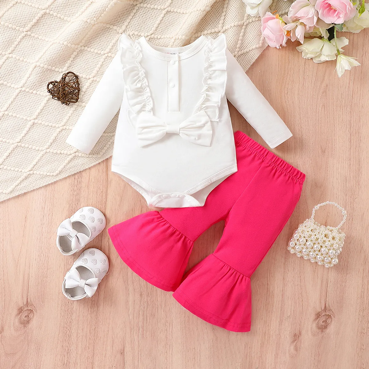 2PCS Baby Girl Sweet Solid Color Ruffle Edge Top/Pant Set 