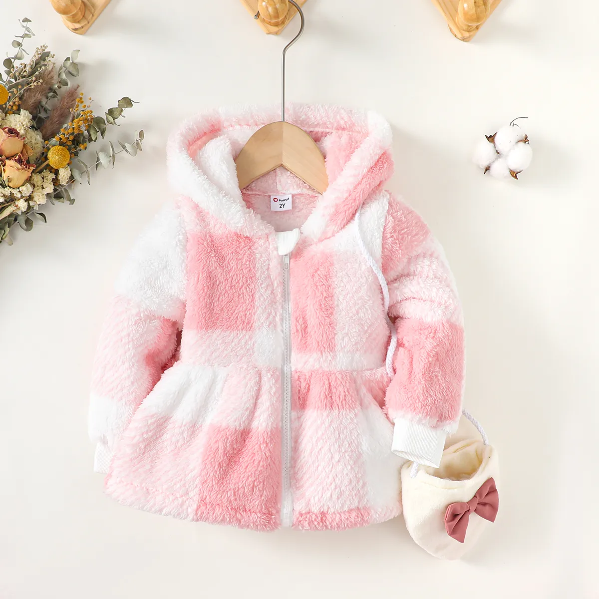   2PCS Toddler Girl Sweet Hooded Grid Top/Jacket   big image 1