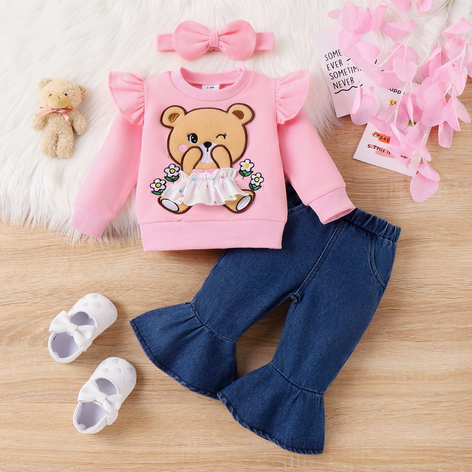 3PCS Baby Girl  Sweet Hyper-Tactile Bear Pattern Sweater/ Denim Jeans Set