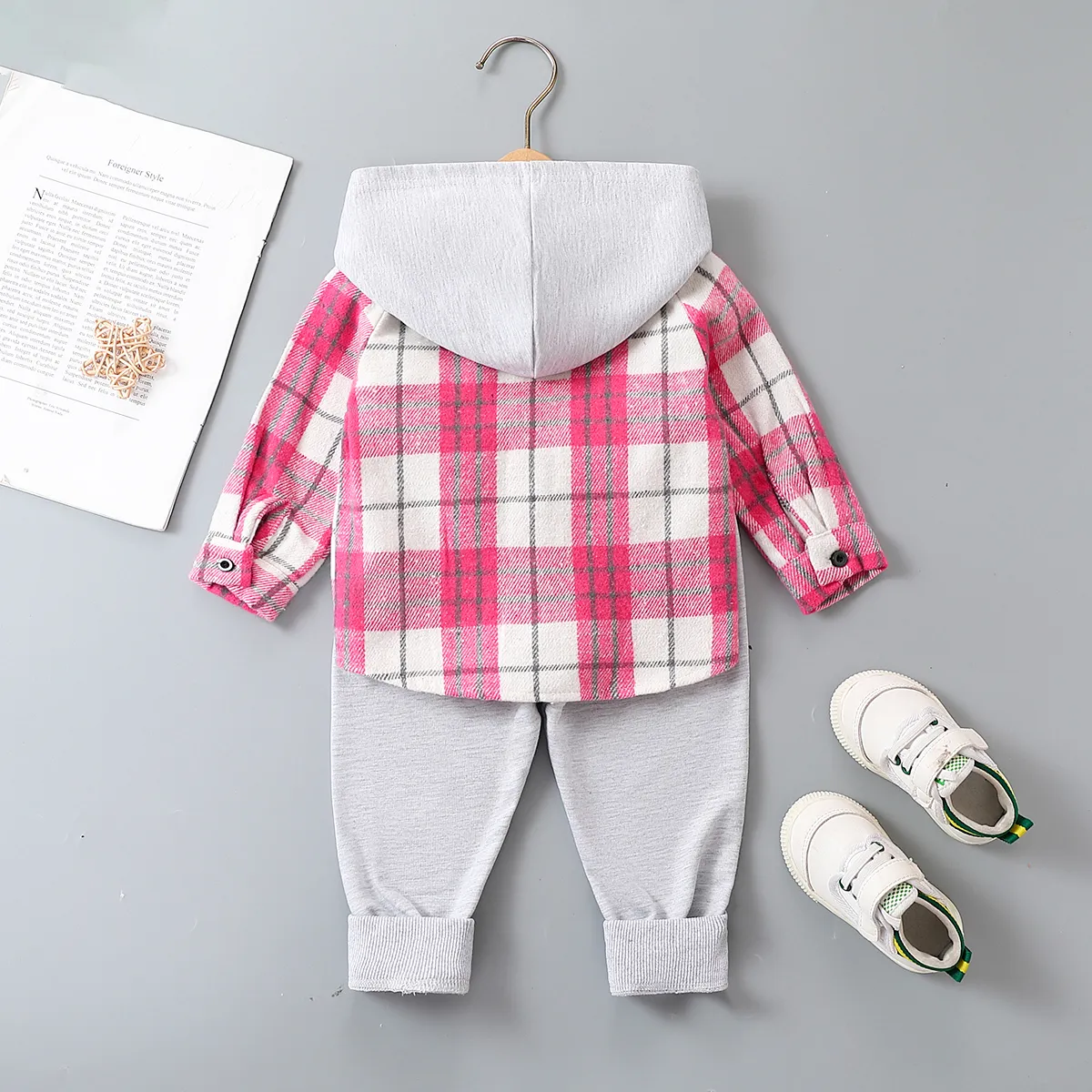 2pcs Baby/Toddler Girl/Boy  Grid Avant-garde Set with Lapel Pink image 3