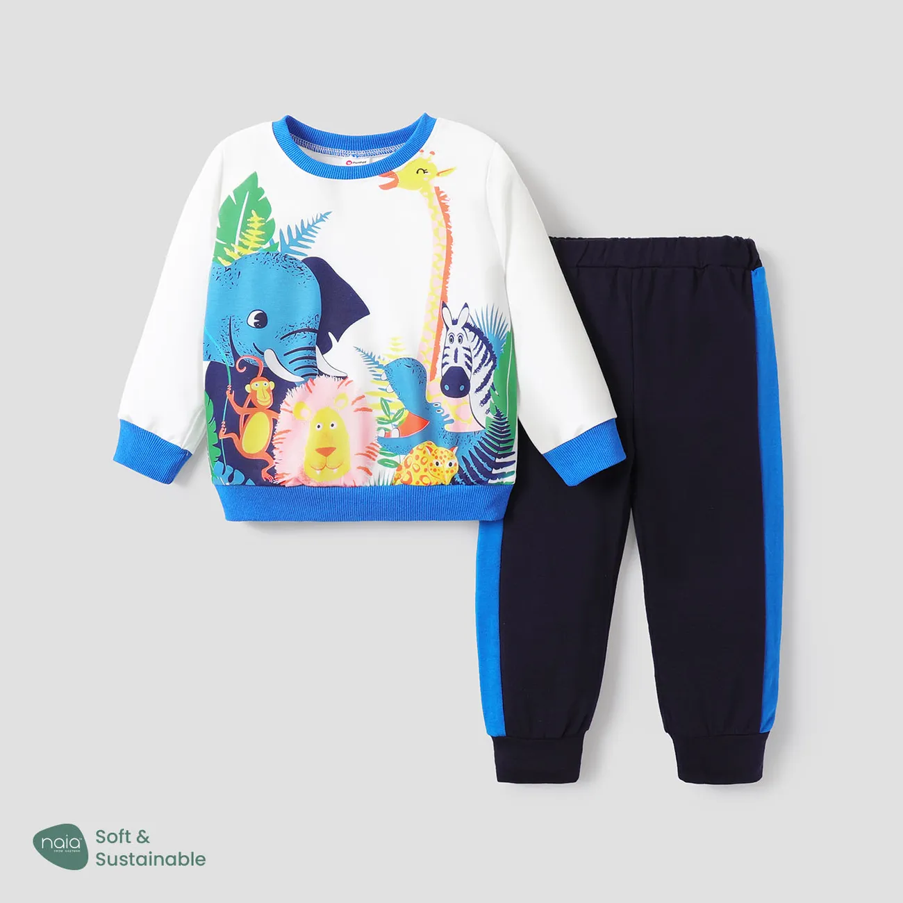 2pcs Toddler Boy Childlike Animal Pattern Set Deep Blue big image 1