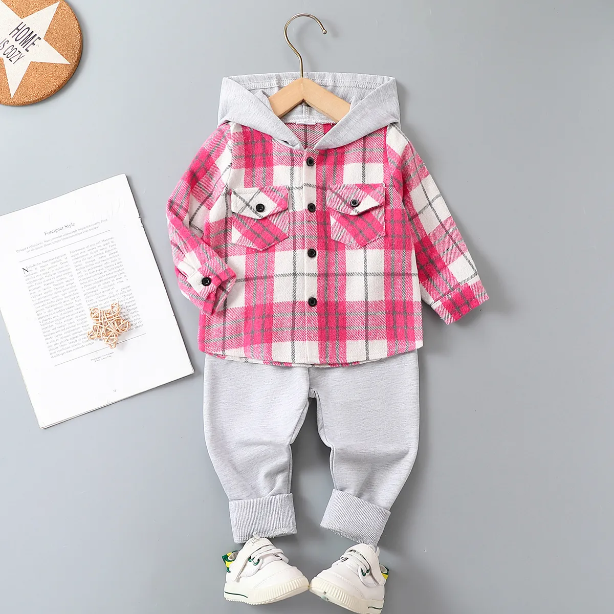 2pcs Baby/Toddler Girl/Boy  Grid Avant-garde Set with Lapel Pink big image 1