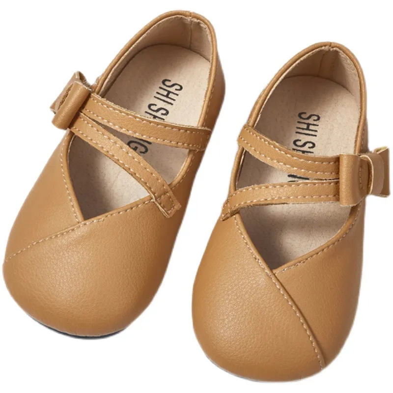 Toddler Girl Solid Color Bow Decor Velcro Leather Shoes