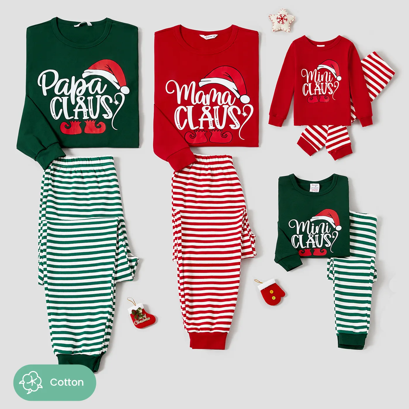 Christmas Cotton Family Matching Letter Elf Print Striped Long-sleeve Snug-fit Pajamas Sets Color block image 2