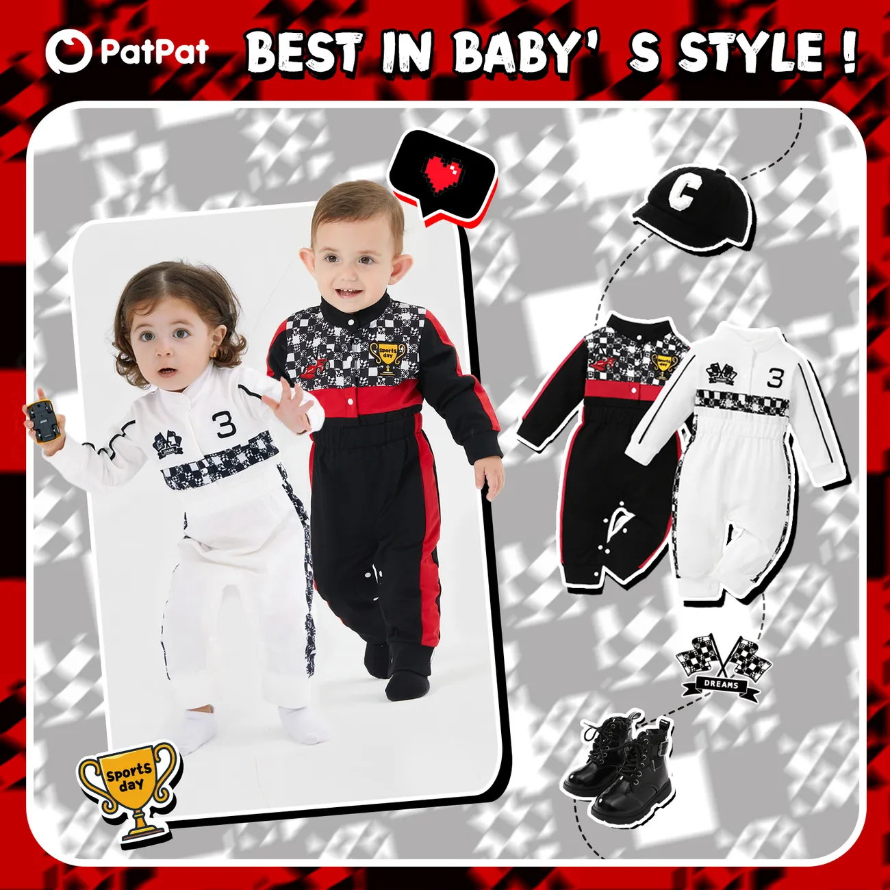 Baby Boy/Girl Bold Color-blocking Sporty Grid/Houndstooth Jumpsuit  Black big image 1