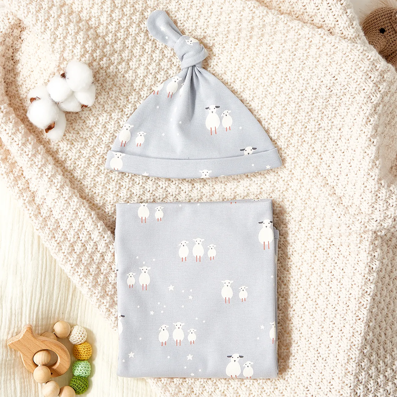 Newborn Cotton Swaddle Blanket with Hat  image 4