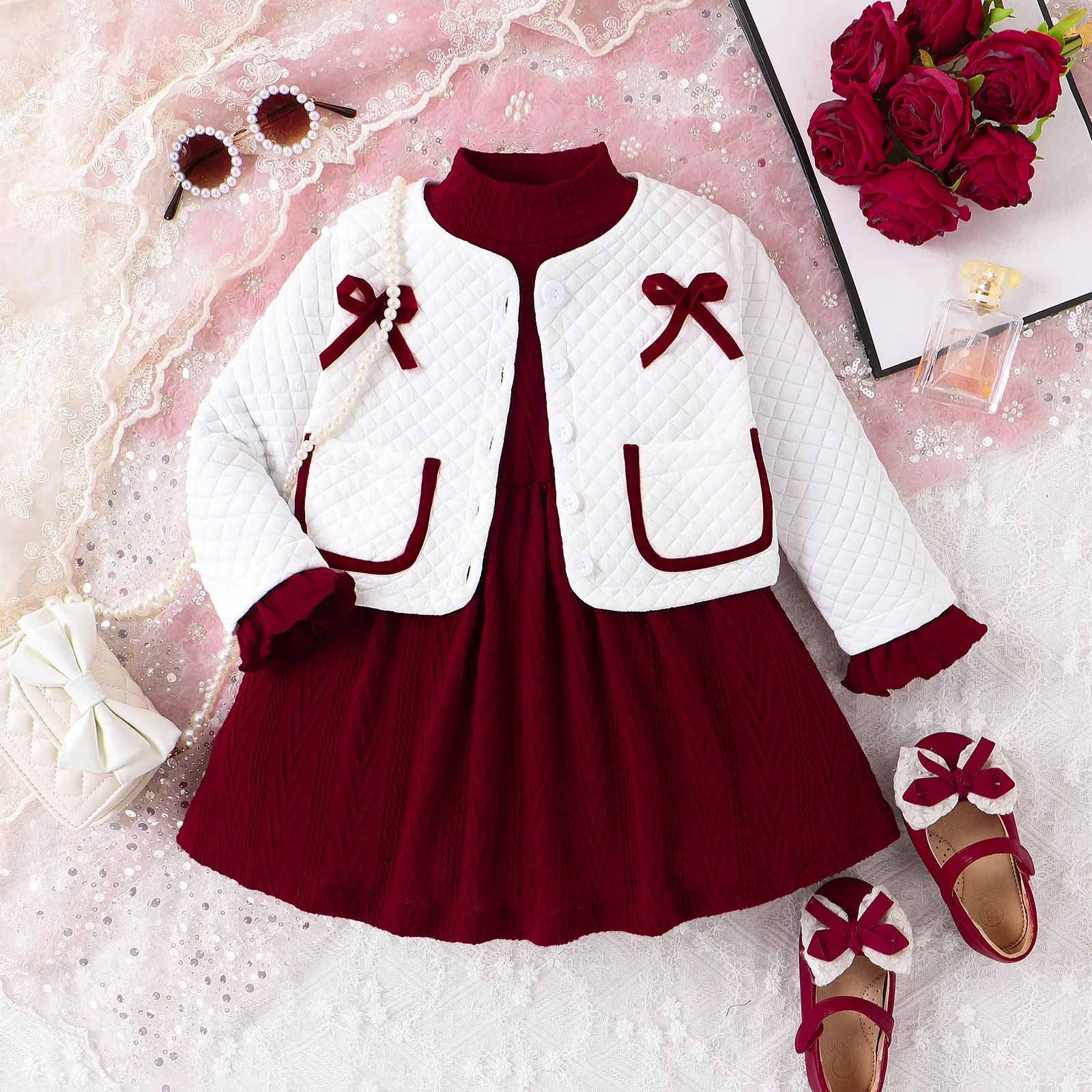 2PCS Toddler Girl Sweet  Solid Color Jacket/Agaric Edge Dress Set