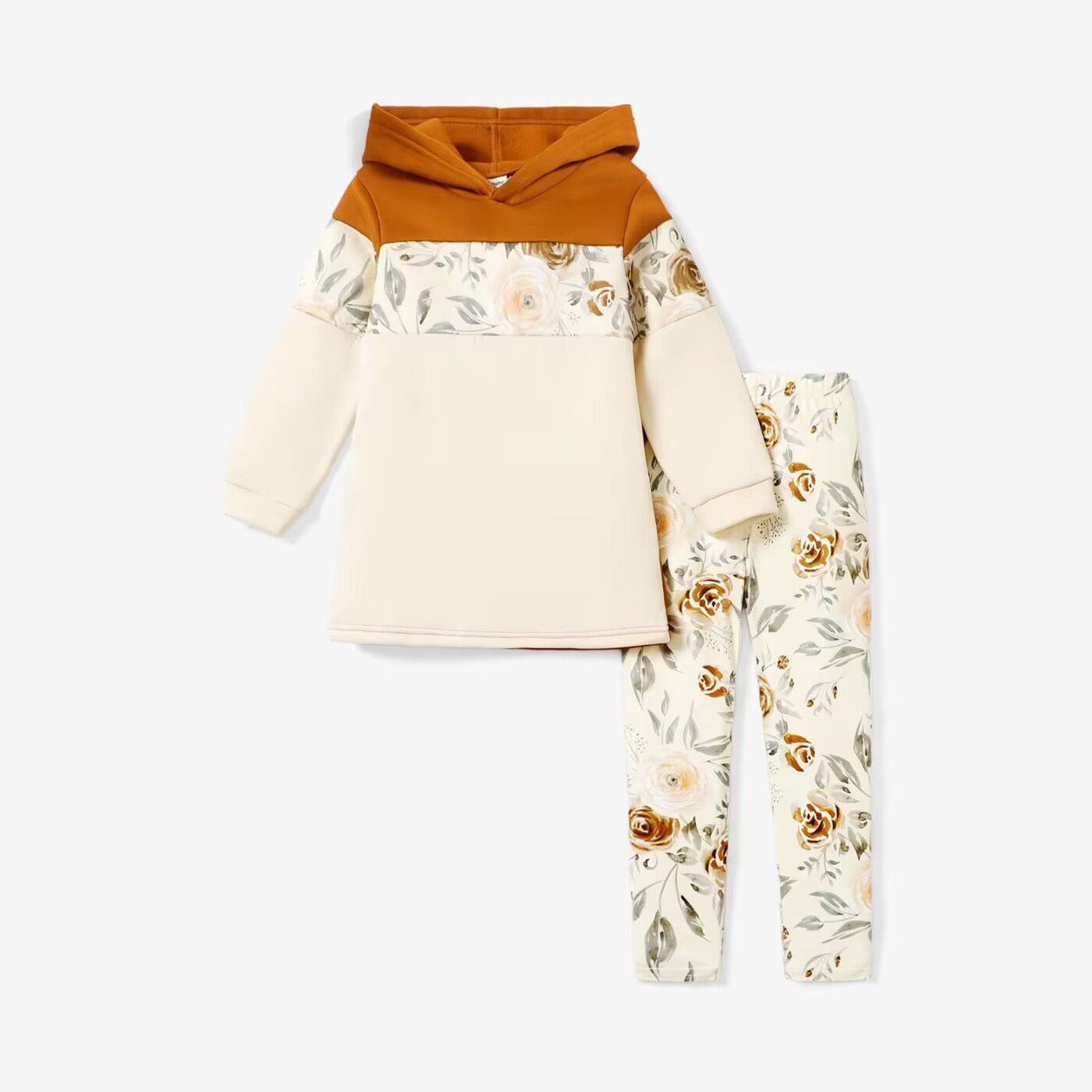 2-piece Kid Girl Floral Print Colorblock Hoodie Sweatshirt And Elasticized Pants Set