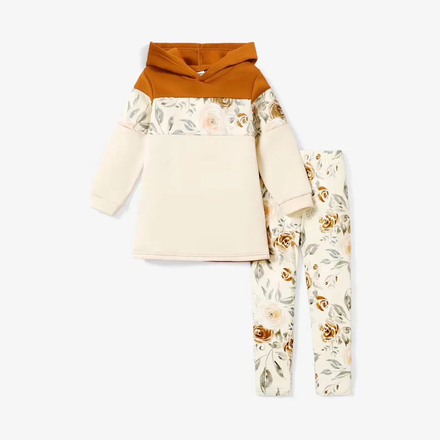 2-piece Kid Girl Floral Print Colorblock Hoodie Sweatshirt and Elasticized Pants Set Apricot big image 1