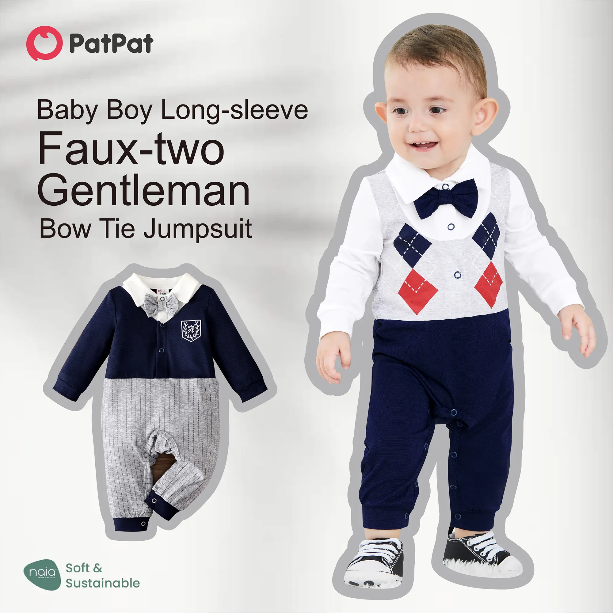 Baby Boy de manga comprida Faux-two listrado cavalheiro bow tie macacão colorblock image 2