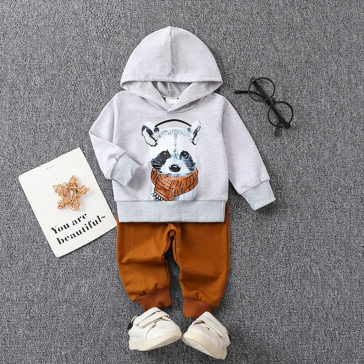 2pcs Toddler/Baby Boy Animal Pattern Hooded Set  Grey big image 1