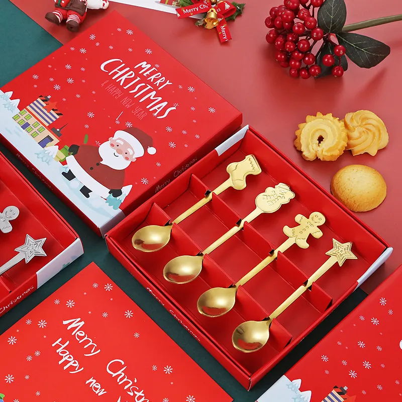 Christmas Cutlery Set of 4 with Spoon and Fork in Gift Box Color-A big image 1