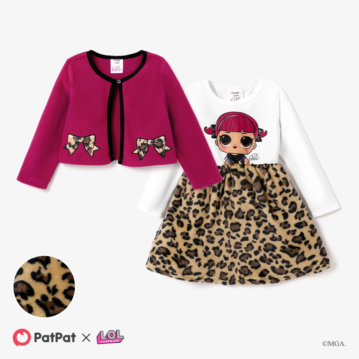L.O.L. SURPRISE! Toddler Girl Graphic Print Long-sleeve Fleece Coat or Leopard Print Dress Brown image 5