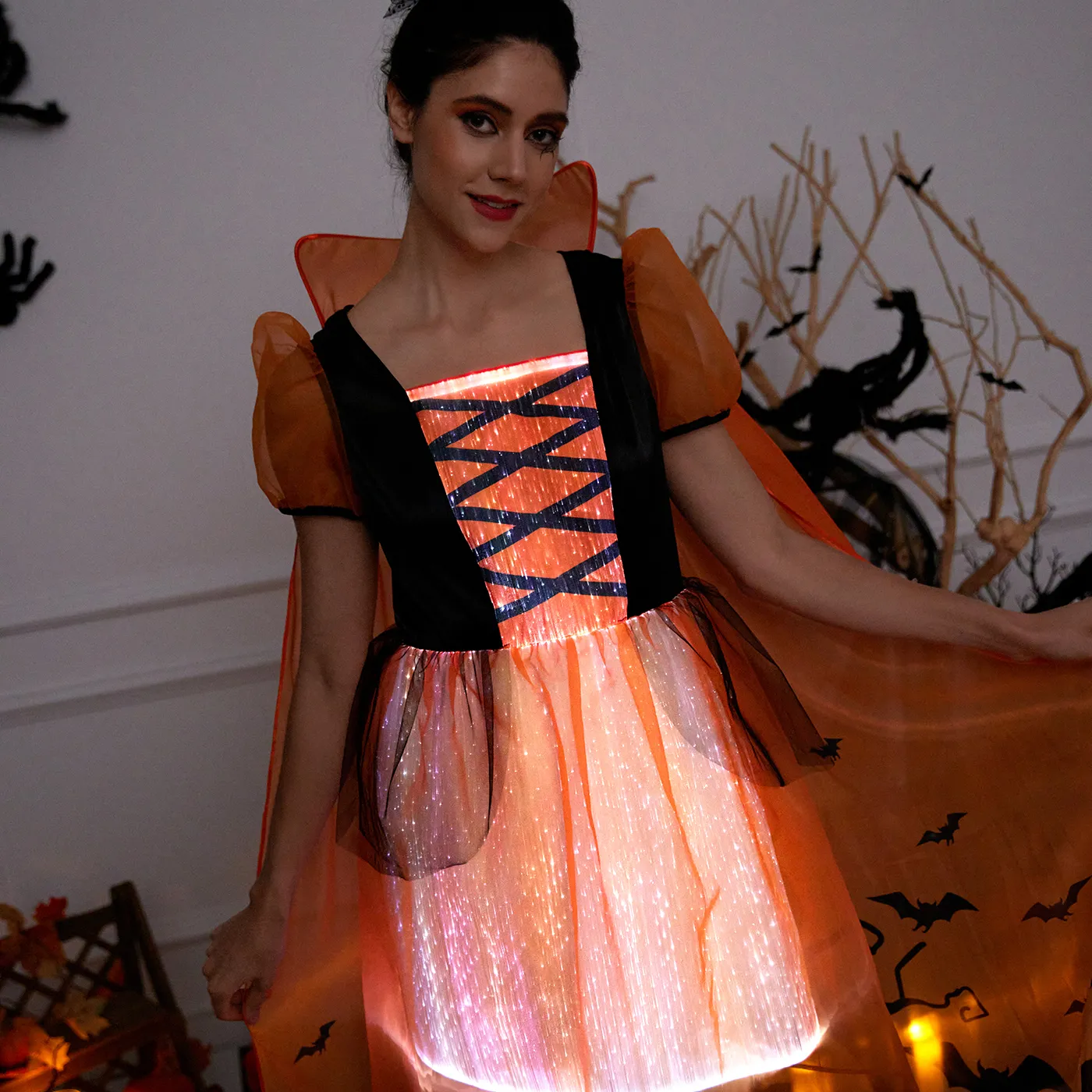 Go-Glow Halloween Limited Edition Illuminating Adult Dress with Light Up Skirt with Halloween Print Cape Including Controller (Built-In Battery) Orange image 4