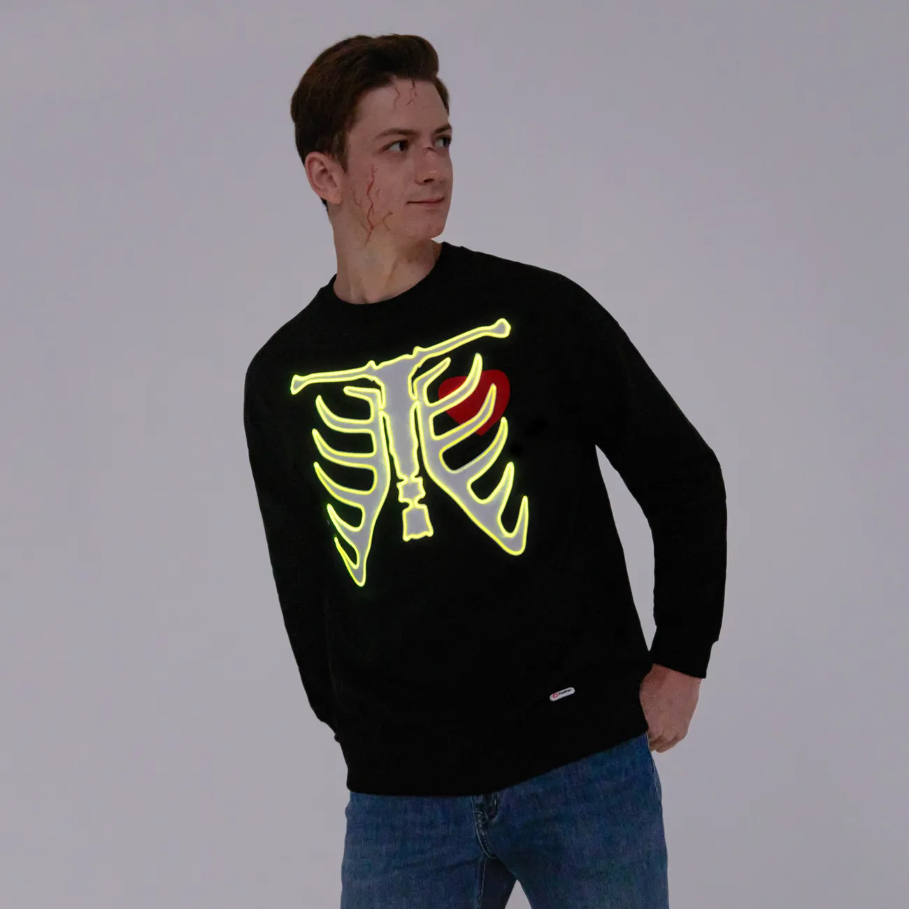 Go-Glow Halloween Illuminating Adult Sweatshirt with Light Up Skeleton Pattern for Men Including Controller (Built-In Battery) Black big image 1