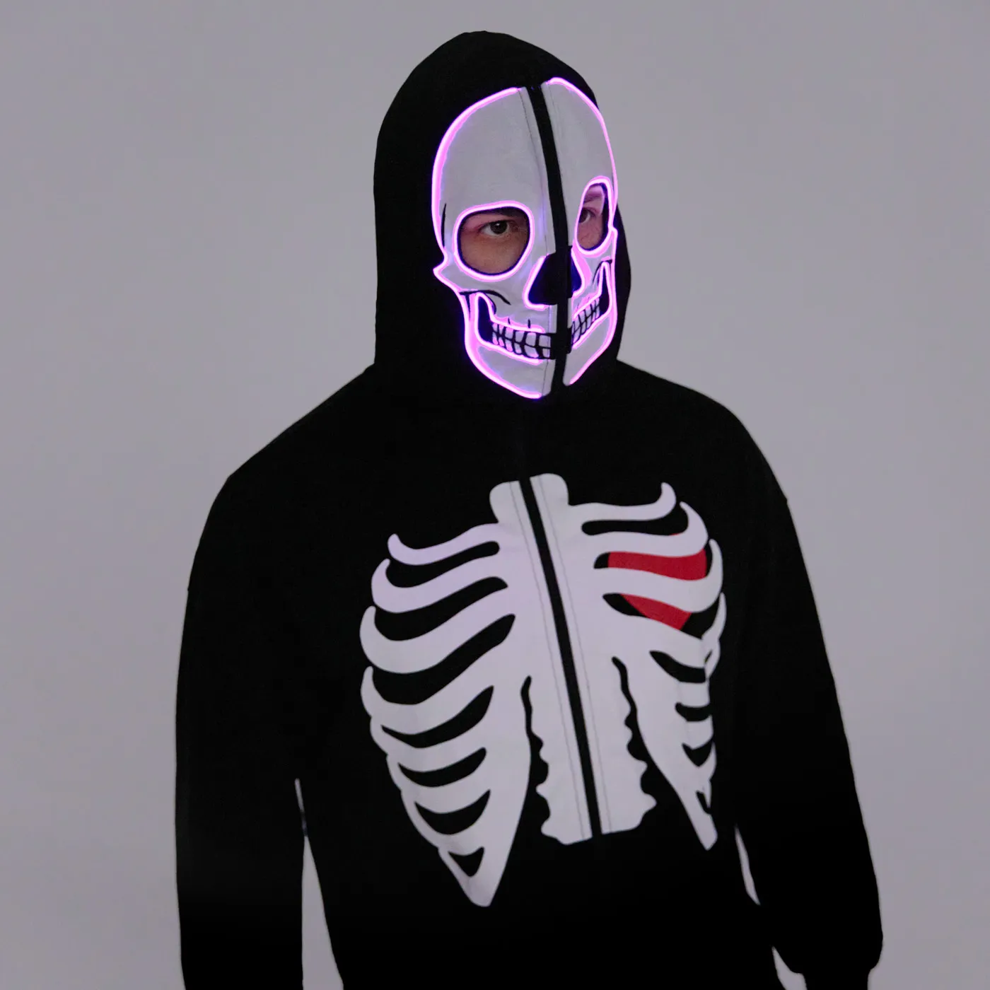 Go-Glow Halloween Illuminating Adult Jacket with Light Up Head Skeleton for Men Including Controller (Built-In Battery) Black image 6