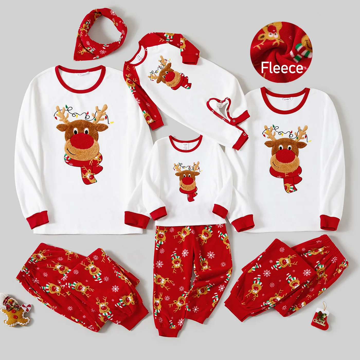 Christmas Family Matching Reindeer Embroidery Long-sleeve Fleece Pajamas Sets(Flame Resistant)