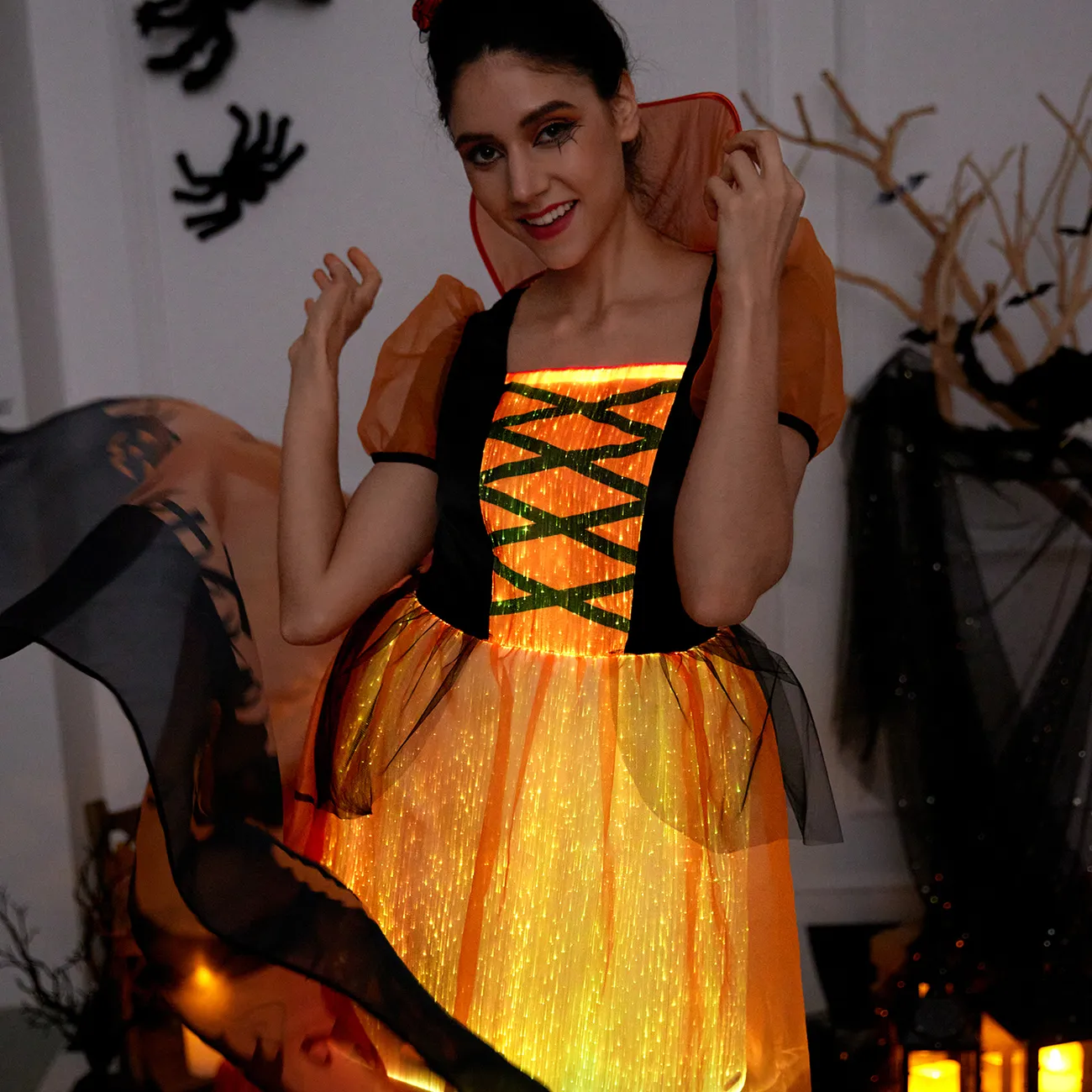 Go-Glow Halloween Limited Edition Illuminating Adult Dress avec jupe lumineuse avec cape d’impression Halloween avec contrôleur (batterie intégrée) Orange big image 1