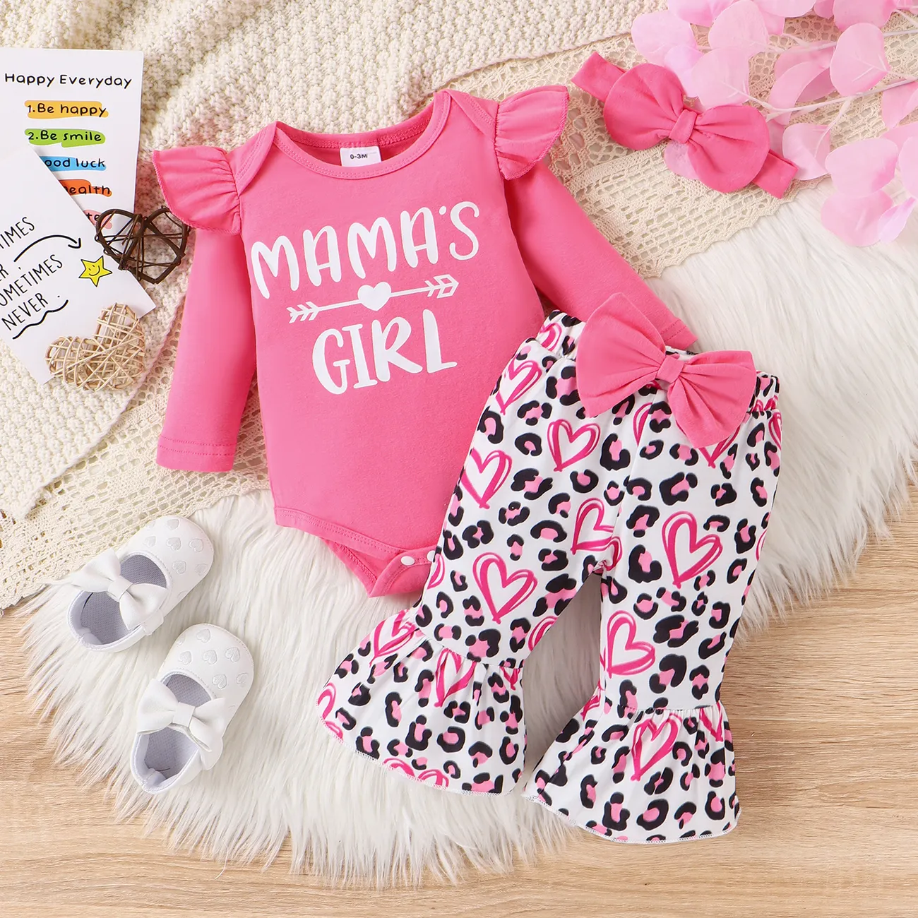 3PCS Baby Girl Sweet  Ruffle Edge Top/Leopard Pant/ Headband Set  Hot Pink big image 1