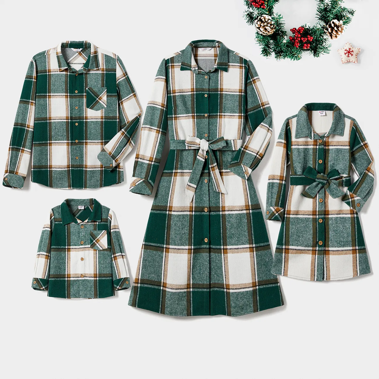 Christmas Family Matching Casual Grid/Houndstooth Long-sleeve Tops & Belted Dresses Sets Dark Green big image 1