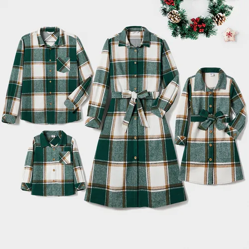 Christmas Family Matching Casual Grid/Houndstooth Long-sleeve Tops & Belted Dresses Sets